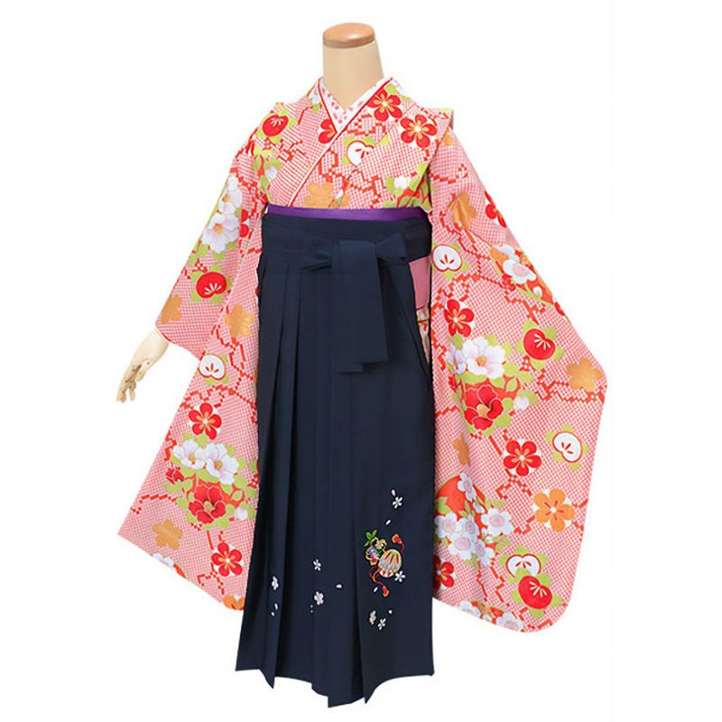 【中古品】ジュニア用 振袖単品「朱色　鹿の子柄に花の丸」仕立て上がり 襦袢プレゼント 小振袖 着物 子ども 子供 キッズ ジュニア 女の子 卒業式 小学校 小学生 中学校 中学生 十三参り 十三詣り 1/2成人式 ハーフ成人式 貸衣装処分 レンタル処分品