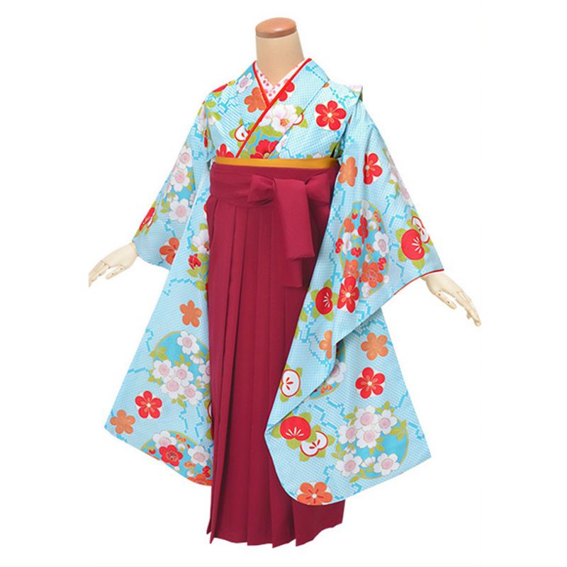 【中古品】ジュニア用 振袖単品「水色　鹿の子柄に花の丸」仕立て上がり 襦袢プレゼント 小振袖 着物 子ども 子供 キッズ ジュニア 女の子 卒業式 小学校 小学生 中学校 中学生 十三参り 十三詣り 1/2成人式 ハーフ成人式 貸衣装処分 レンタル処分品 【メール便不可】