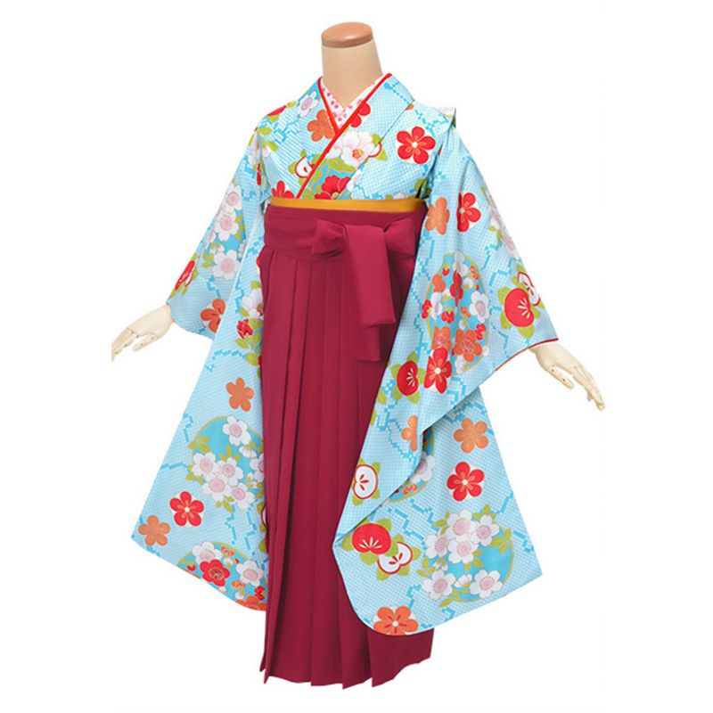 【中古品】ジュニア用 振袖単品「水色　鹿の子柄に花の丸」仕立て上がり 襦袢プレゼント 小振袖 着物 子ども 子供 キッズ ジュニア 女の子 卒業式 小学校 小学生 中学校 中学生 十三参り 十三詣り 1/2成人式 ハーフ成人式 貸衣装処分 レンタル処分品