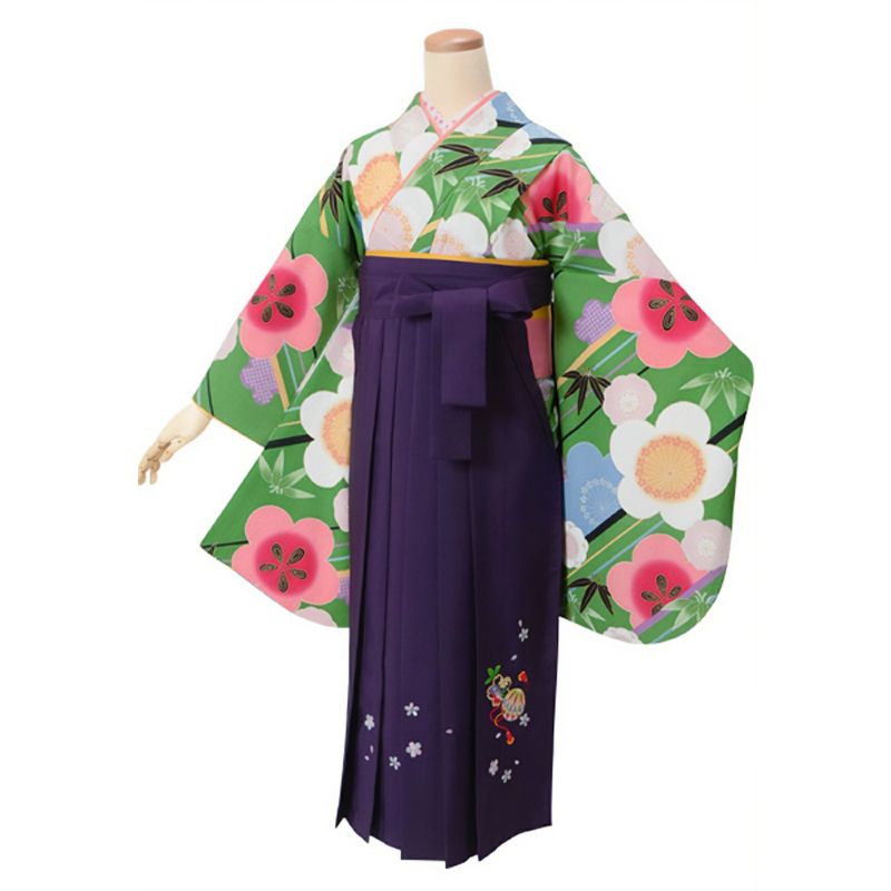 【中古品】ジュニア用 振袖単品 ショート丈「緑　斜め縞に笹梅」仕立て上がり 小振袖 着物 子ども 子供 キッズ ジュニア 女の子 卒業式 小学校 小学生 中学校 中学生 十三参り 十三詣り 1/2成人式 ハーフ成人式 貸衣装処分 レンタル処分品