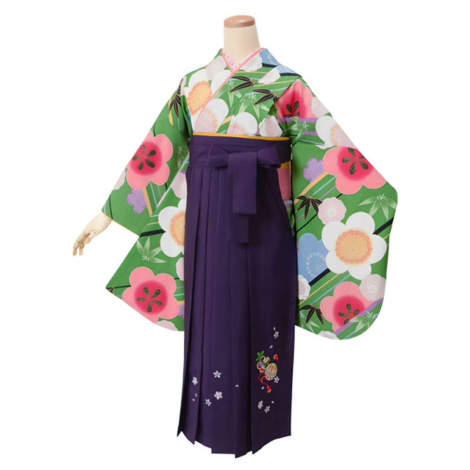 【中古品】ジュニア用 振袖単品 ショート丈「緑　斜め縞に笹梅」仕立て上がり 小振袖 着物 子ども 子供 キッズ ジュニア 女の子 卒業式 小学校 小学生 中学校 中学生 十三参り 十三詣り 1/2成人式 ハーフ成人式 貸衣装処分 レンタル処分品