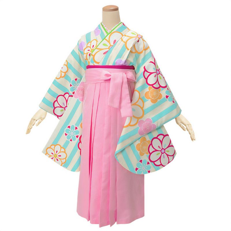 【訳アリ】【中古品】ジュニア用 振袖単品 ショート丈「クリーム　斜め縞に笹梅」仕立て上がり 小振袖 着物 子ども 子供 キッズ ジュニア 女の子 卒業式 小学校 小学生 中学校 中学生 十三参り 十三詣り 1/2成人式 ハーフ成人式 貸衣装処分 レンタル処分品