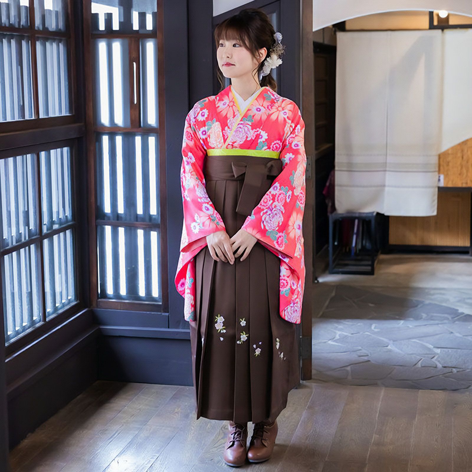 【中古品】二尺袖 単品「ピンク　菊柄」貸衣装処分 レンタル処分品 卒業式