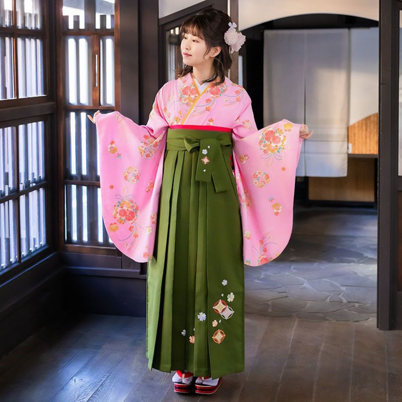 【中古品】二尺袖 単品「ピンク　薬玉柄」貸衣装処分 レンタル処分品 卒業式