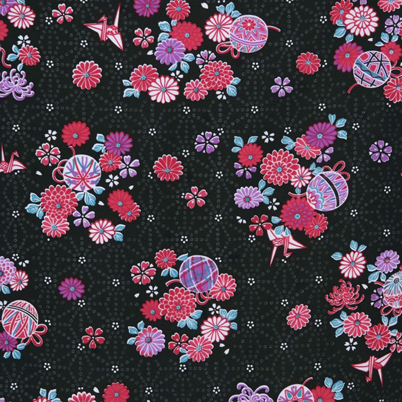 中古品】二尺袖 単品「黒 小花＆鞠」貸衣装処分 レンタル処分品 卒業式