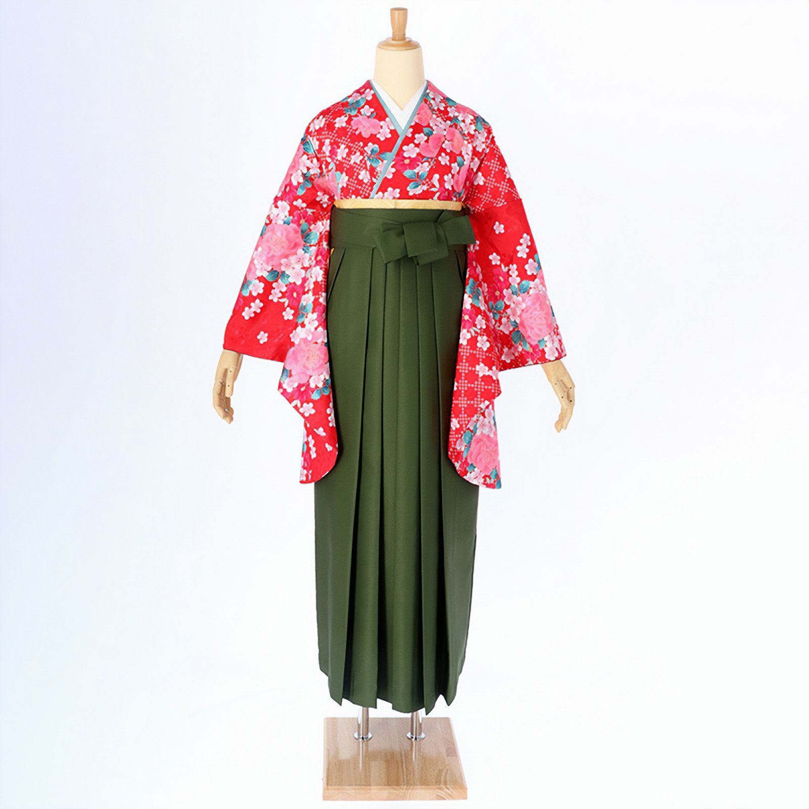 【中古品】二尺袖 単品「赤　市松にバラ」貸衣装処分 レンタル処分品 卒業式