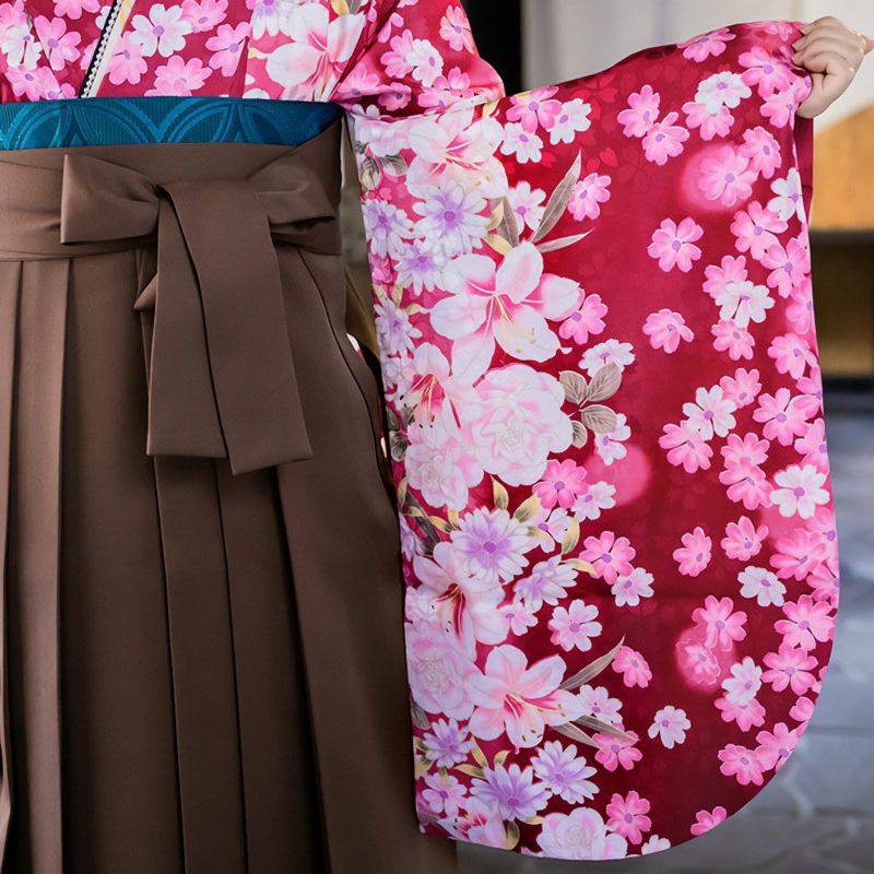 中古品】二尺袖 単品「ワイン コスモス白百合」貸衣装処分 レンタル