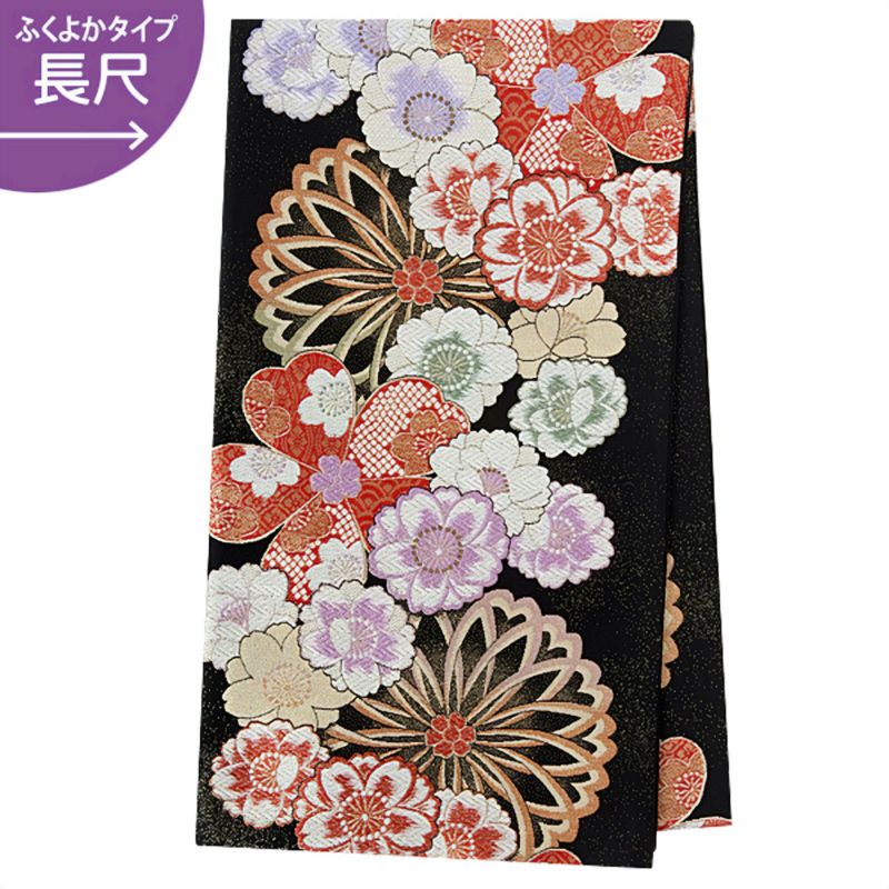 【中古品】振袖 帯 振袖用帯 長尺「黒 菊に八重桜」仕立て上がり 振袖用 礼装用袋帯 正絹 成人式 貸衣装処分 レンタル処分品 【メール便不可】