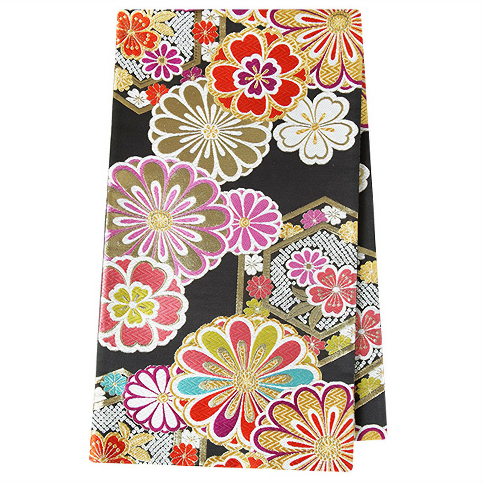 中古品】振袖 帯 振袖用帯「黒 菊に小桜亀甲」仕立て上がり 振袖用  