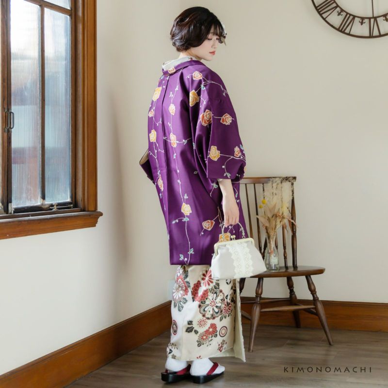 羽織 単品 KIMONOMACHI オリジナル 「ばら 紫色」 ポリエステル 洗える