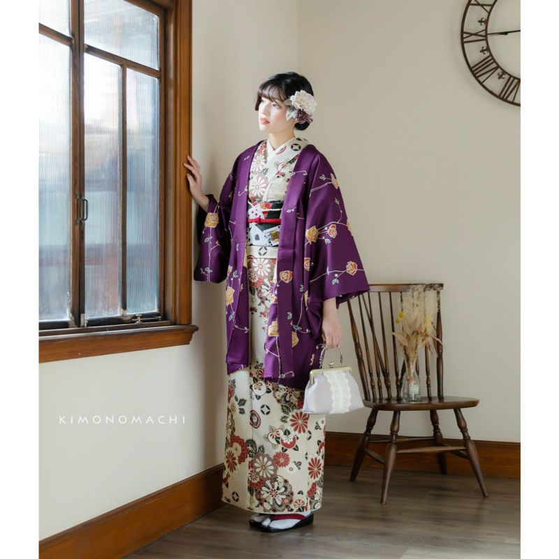 羽織 単品 KIMONOMACHI オリジナル 「ばら 紫色」 ポリエステル