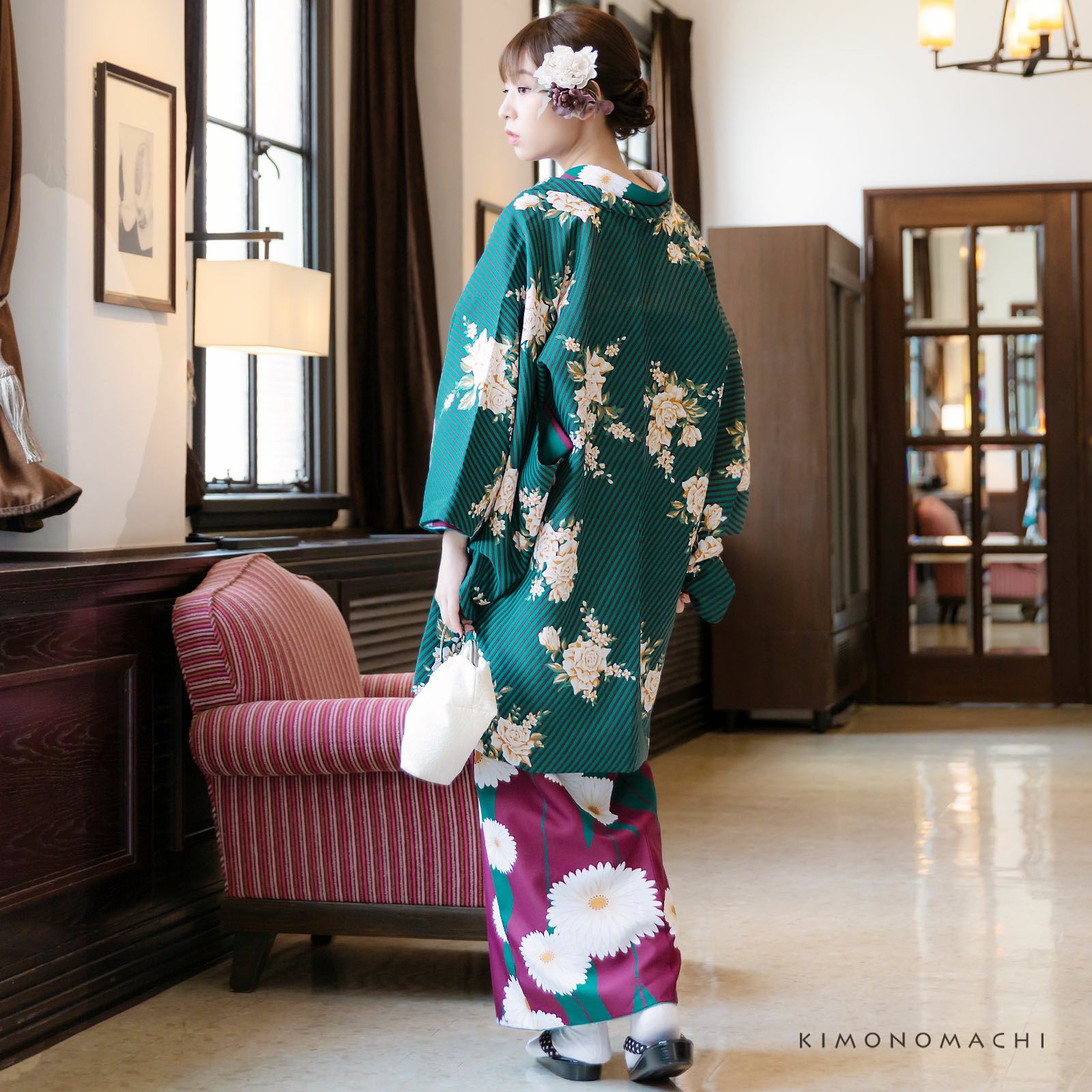 羽織 単品 KIMONOMACHI オリジナル 「ストライプブーケ グリーン  