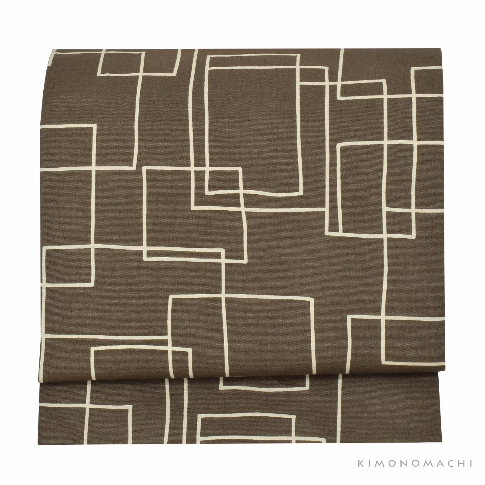 木綿名古屋帯「チャコールグレー スクエア」日本製 KIMONOMACHI オリジナル 木綿帯 八寸名古屋帯 コットン名古屋帯 コットン帯 仕立て上がり帯 カジュアル 洒落帯