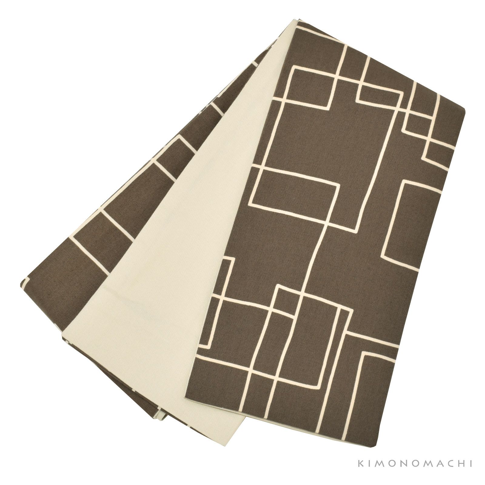 木綿半幅帯「チャコールグレー　スクエア」日本製 KIMONOMACHI オリジナル 木綿帯 半巾帯 コットン細帯 コットン帯 仕立て上がり帯 カジュアル 洒落帯