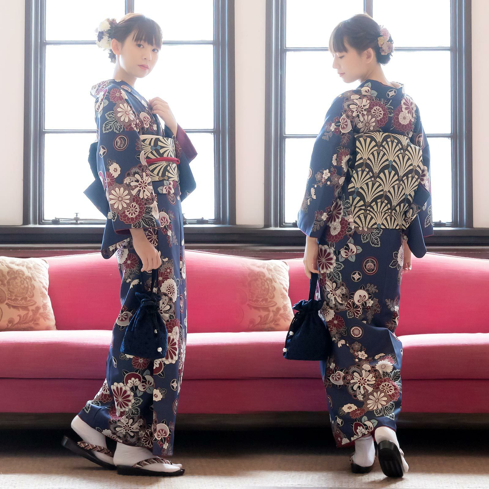 洗える着物縦縞華紋花模様小紋着物 015a p - 小紋 