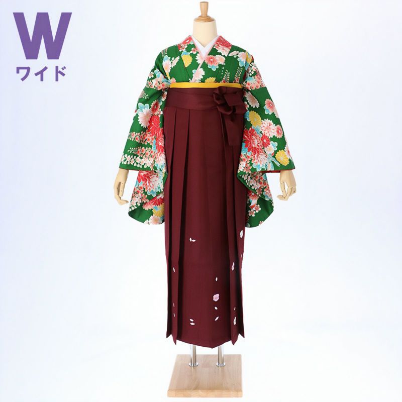 【中古品】二尺袖 単品「ワイドサイズ　緑　菊と藤の花」貸衣装処分 レンタル処分品 卒業式