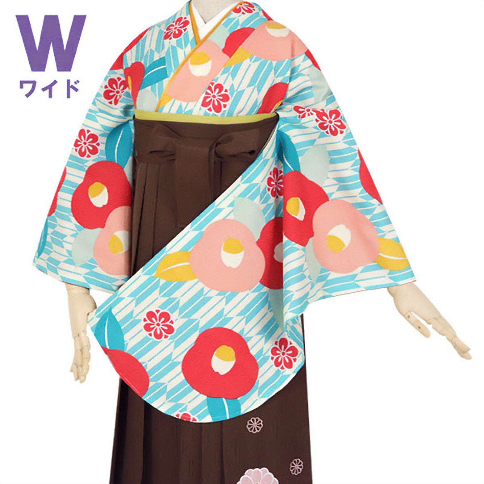 【中古品】二尺袖 単品「ワイドサイズ　クリーム/水色　矢絣に椿」貸衣装処分 レンタル処分品 卒業式