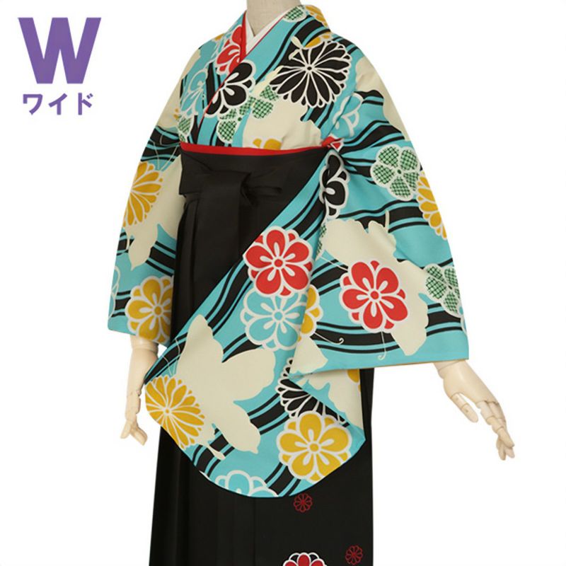 【中古品】二尺袖 単品「ワイドサイズ　水色　立涌に蝶」貸衣装処分 レンタル処分品 卒業式