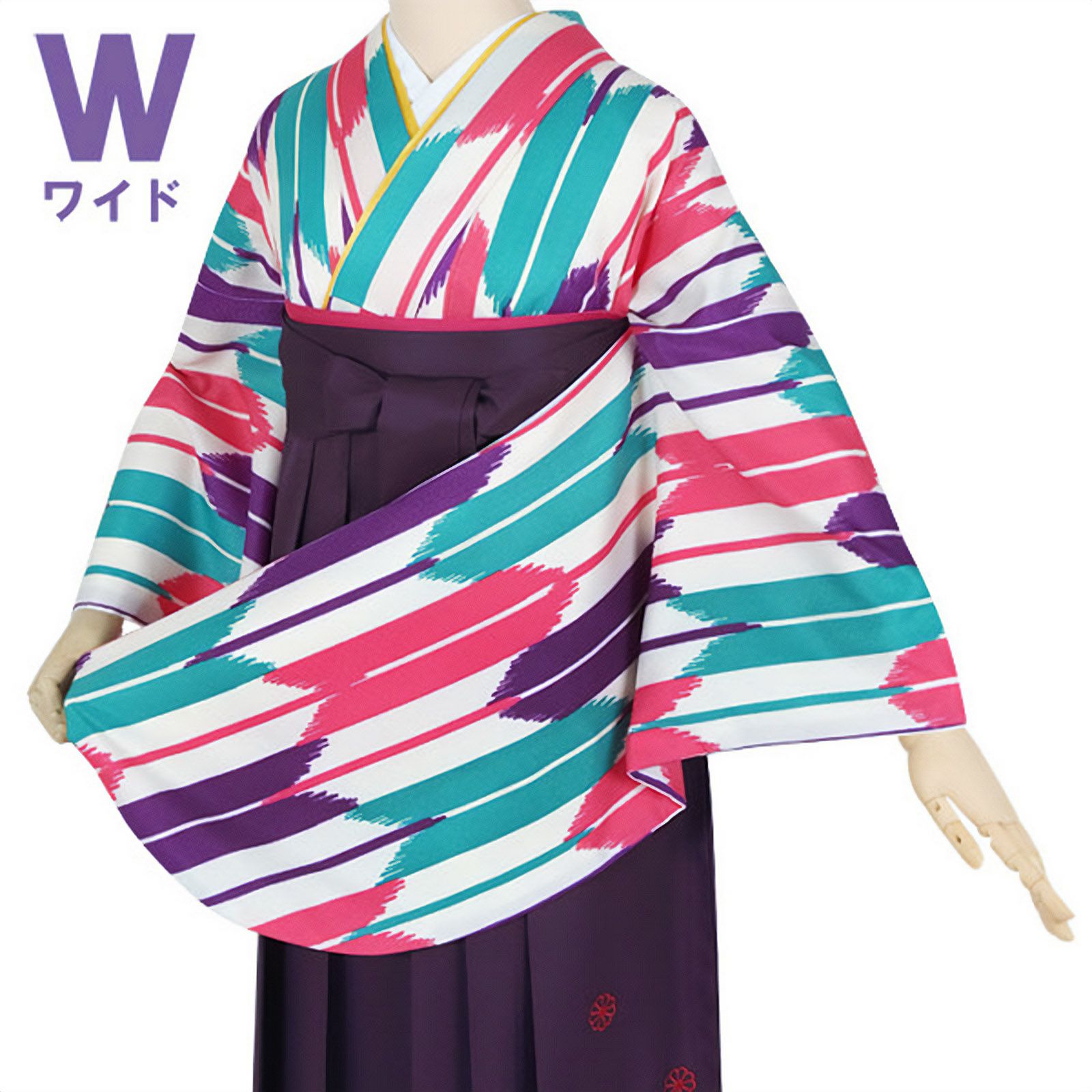 【中古品】二尺袖 単品「ワイドサイズ　紫ピンク　矢絣」貸衣装処分 レンタル処分品 卒業式