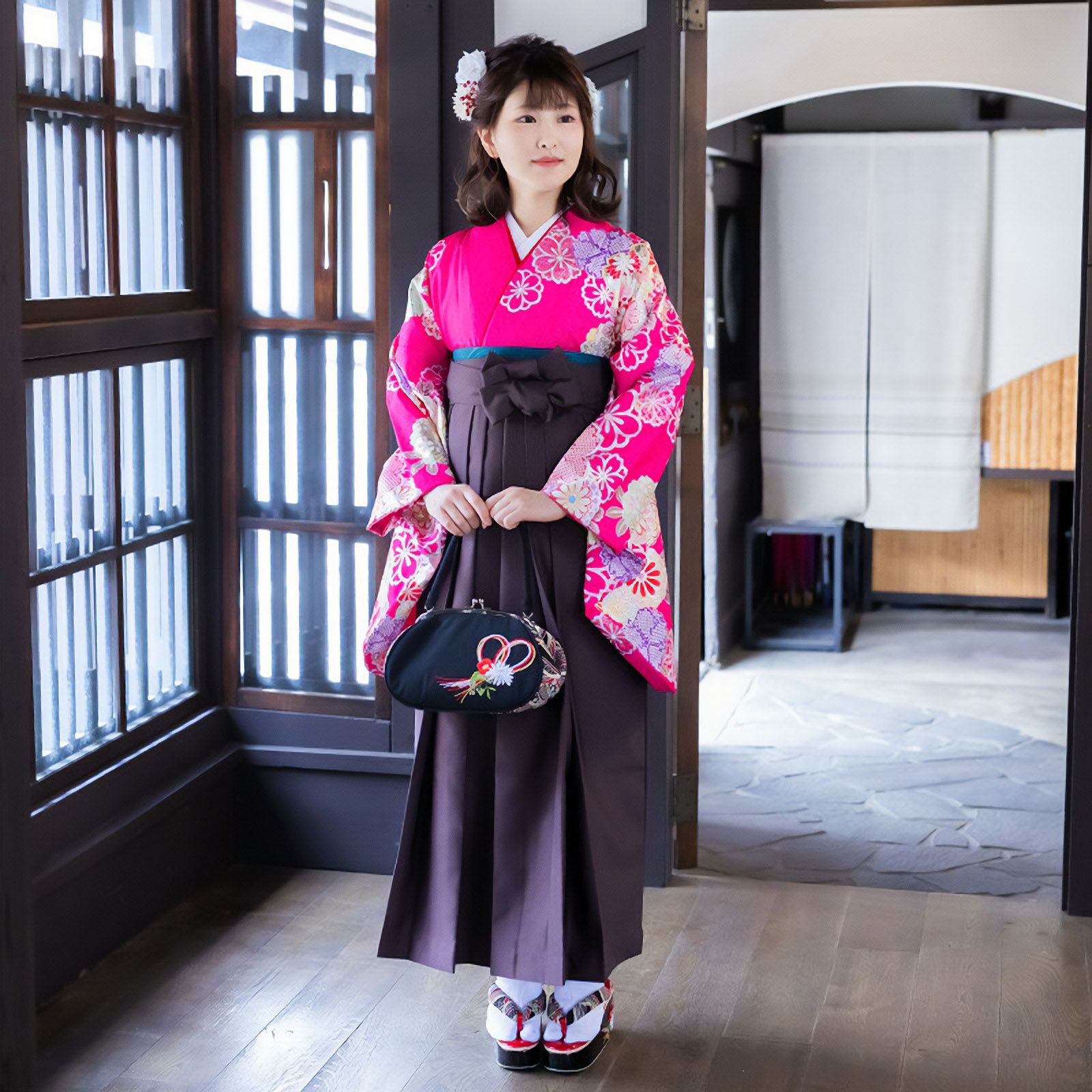 中古品】二尺袖 単品「ピンク 菊桜牡丹」貸衣装処分 レンタル処分品