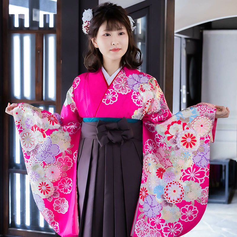 中古品】二尺袖 単品「ピンク 菊桜牡丹」貸衣装処分 レンタル処分品