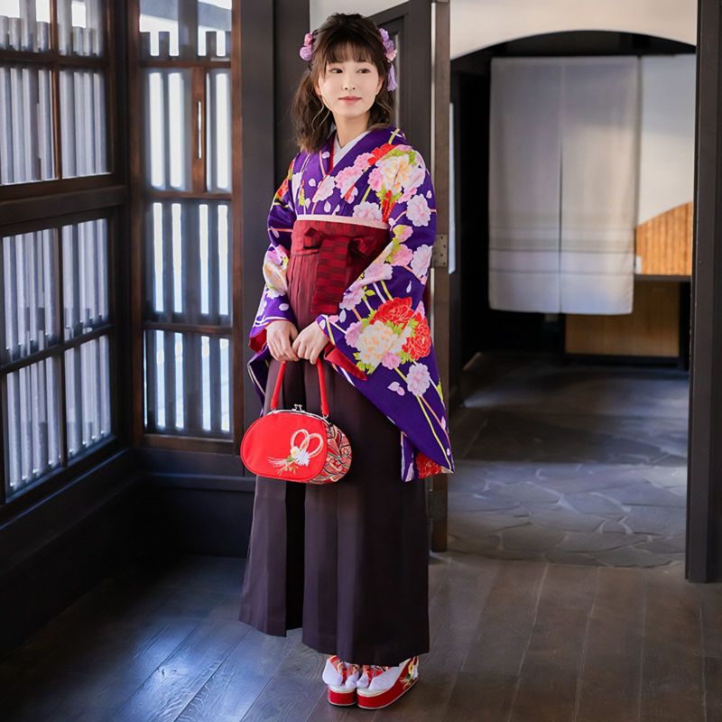 【中古品】二尺袖 単品「紫　花くす玉」貸衣装処分 レンタル処分品 卒業式