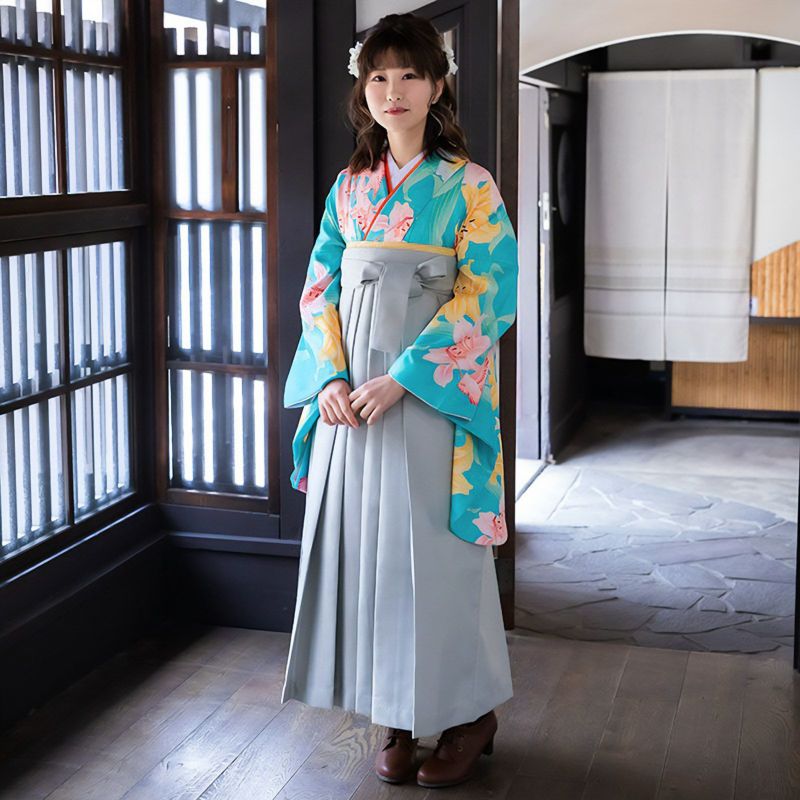 【中古品】二尺袖 単品「緑　百合に小鳥」貸衣装処分 レンタル処分品 卒業式