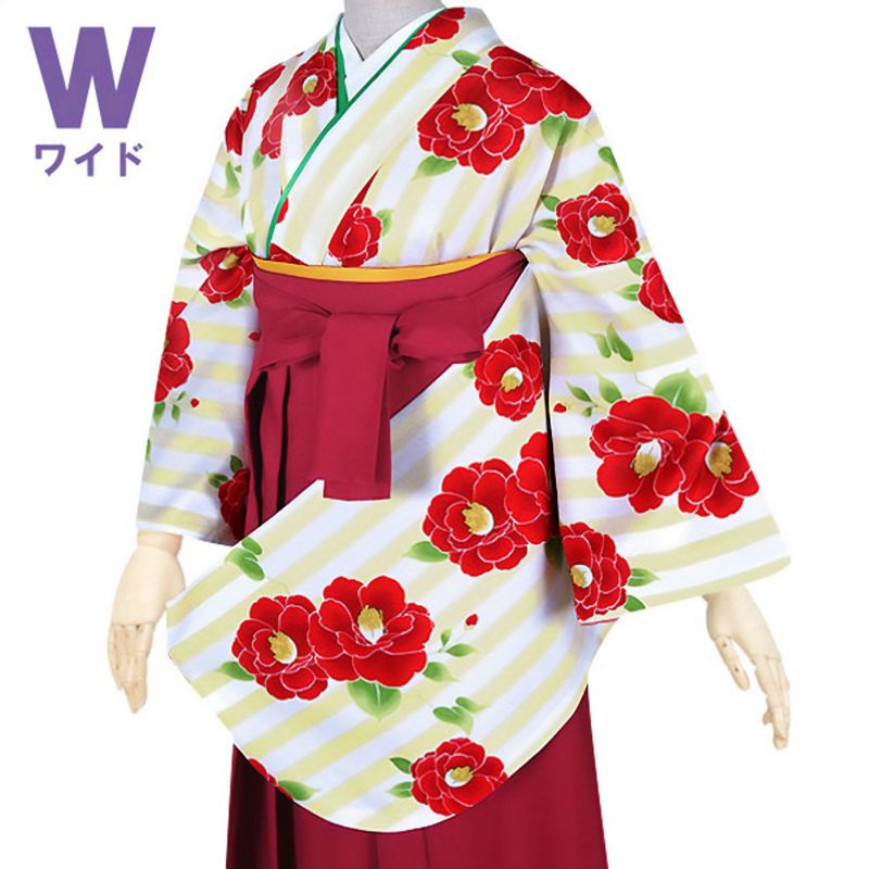 【中古品】二尺袖 単品「ワイドサイズ　白×黄色　縦縞　紅椿」貸衣装処分 レンタル処分品 卒業式