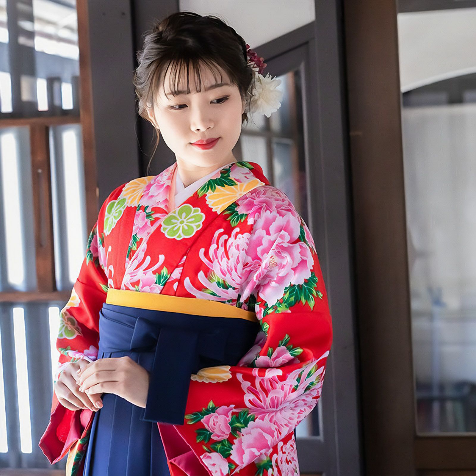 中古品】二尺袖 単品「赤 菊牡丹」貸衣装処分 レンタル処分品 卒業式