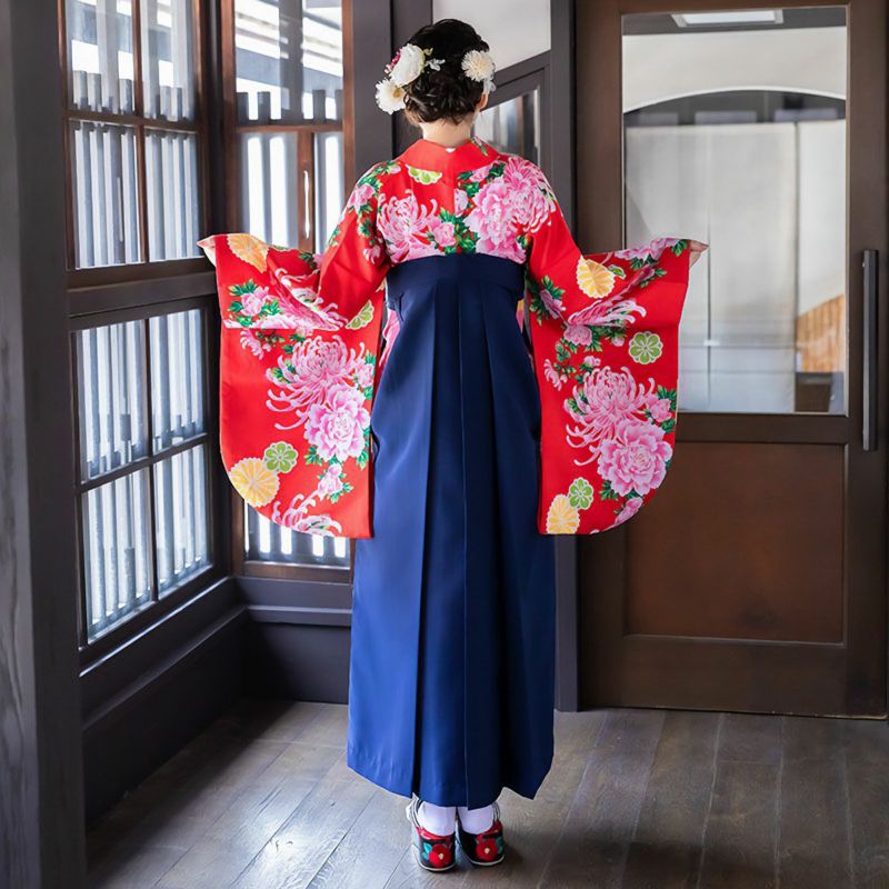 中古品】二尺袖 単品「赤 菊牡丹」貸衣装処分 レンタル処分品 卒業式