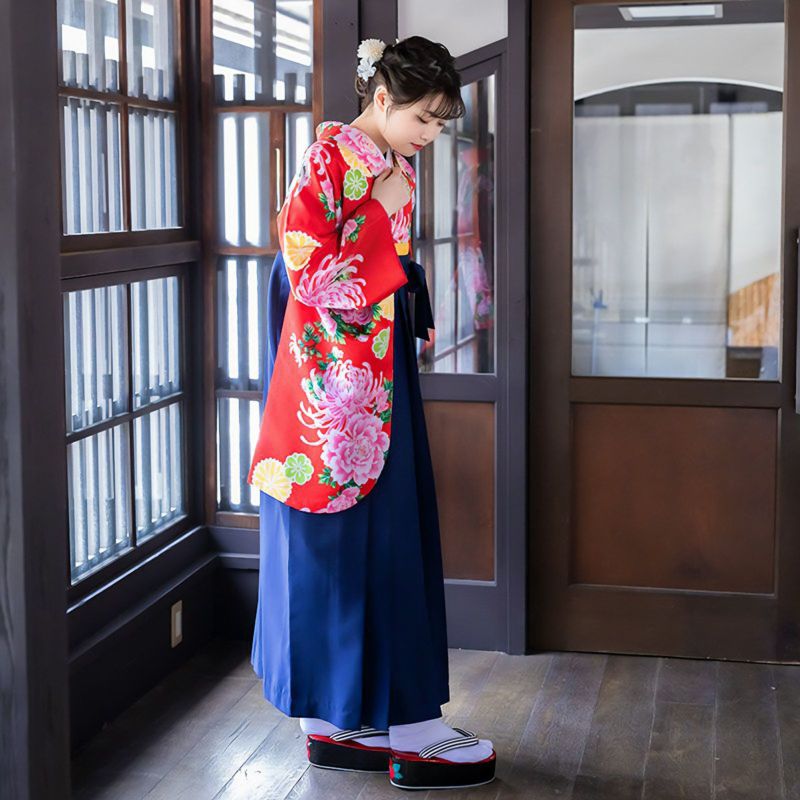 中古品】二尺袖 単品「赤 菊牡丹」貸衣装処分 レンタル処分品 卒業式