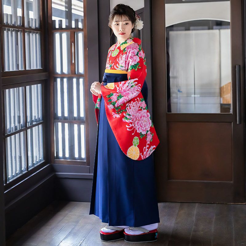 中古品】二尺袖 単品「赤 菊牡丹」貸衣装処分 レンタル処分品 卒業式