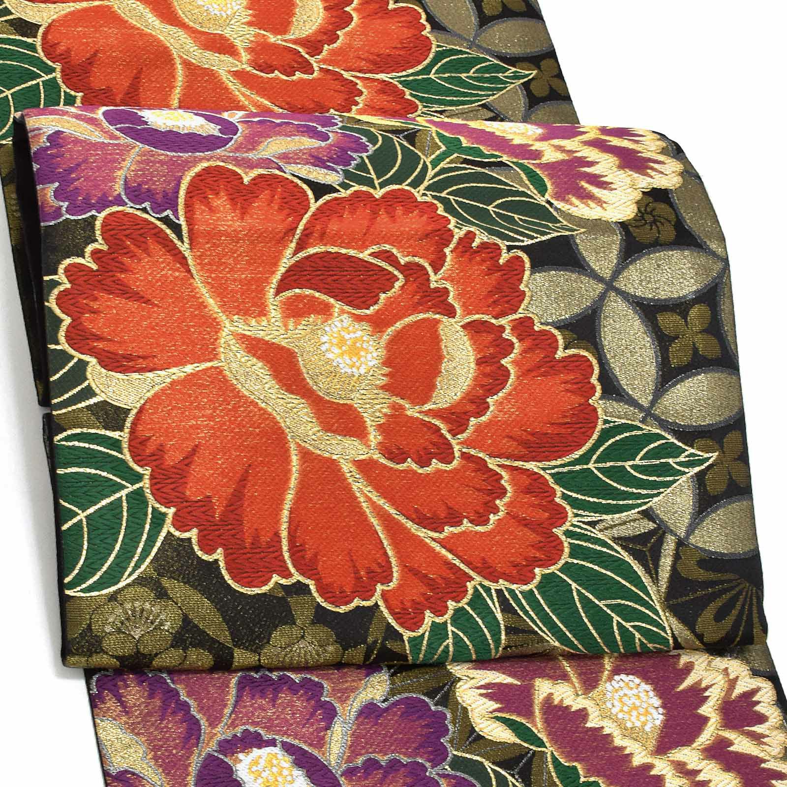 振袖袋帯「黒×ゴールド地　華美大輪の花」お仕立て上がり 振袖用 袋帯 お仕立て済 振袖帯