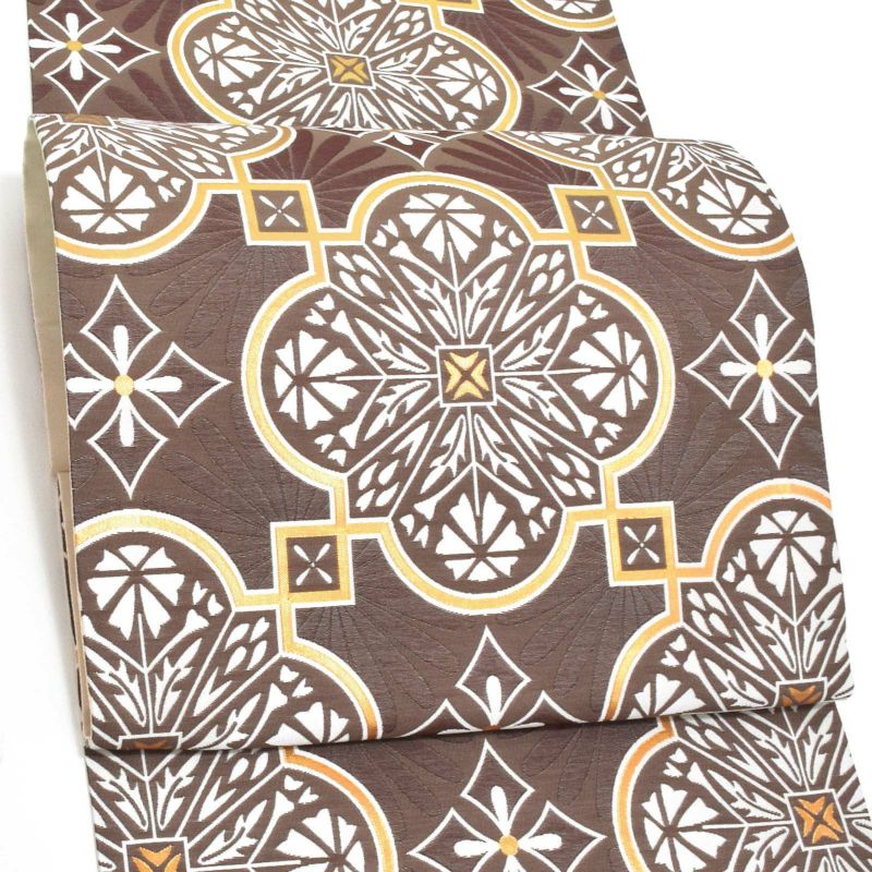 振袖袋帯「茶　アールデコ」お仕立て上がり 振袖用 袋帯 お仕立て済 振袖帯