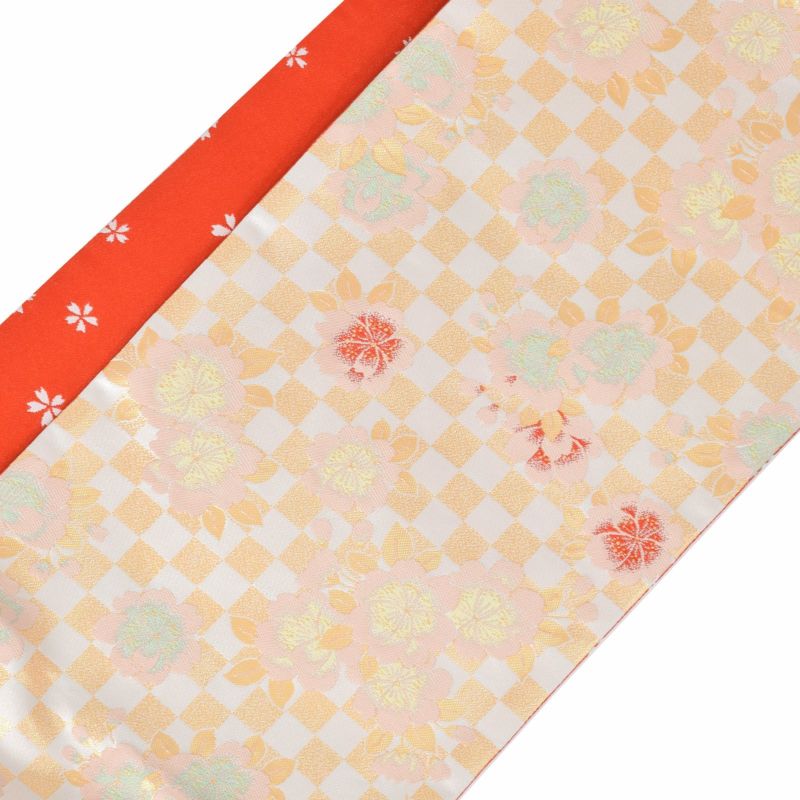七五三 帯 7歳用 袋帯「生成り色×金、市松桜」仕立て上がり 全通柄 七 