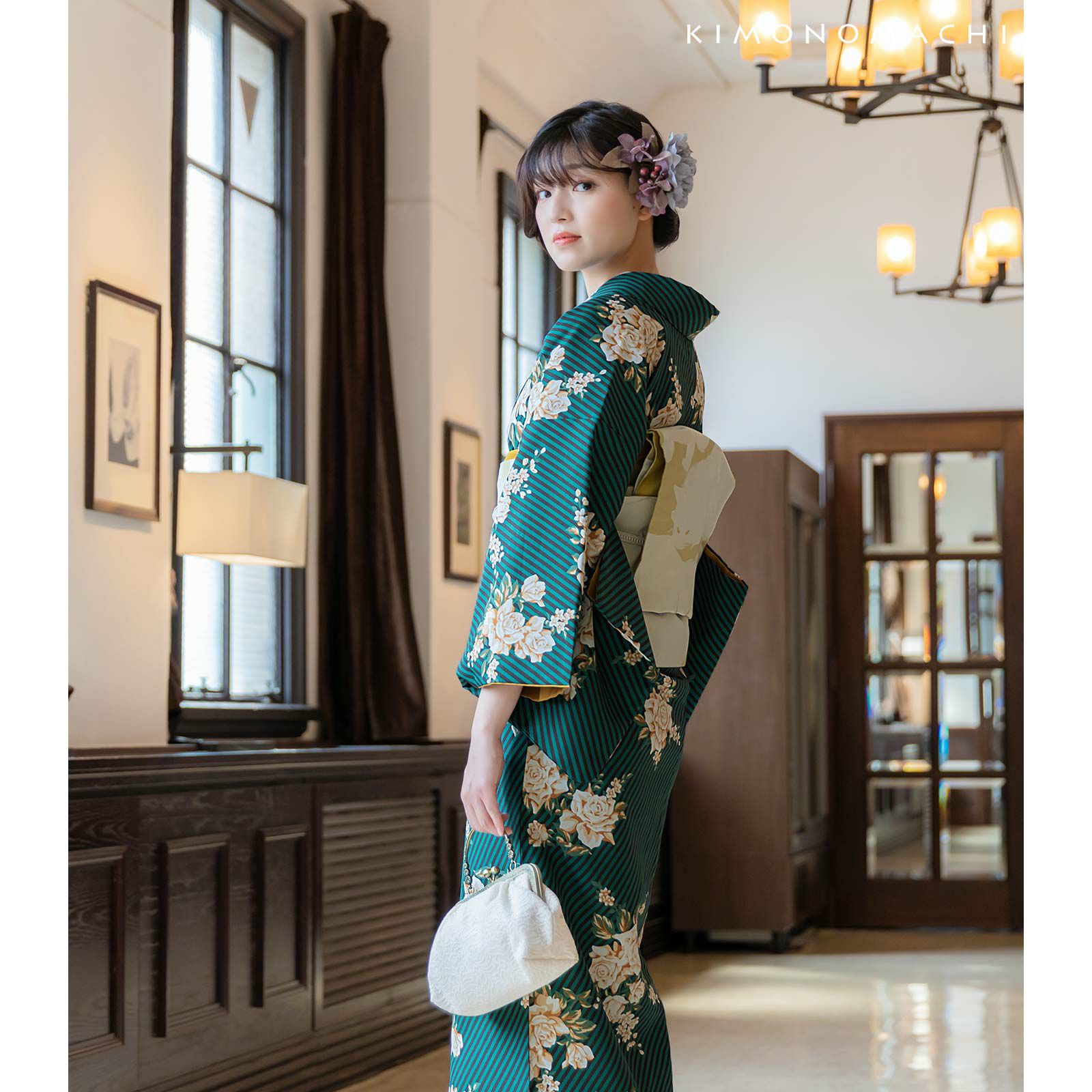 洗える着物 セット「袷着物：ストライプブーケ グリーン＋京袋帯：日向  