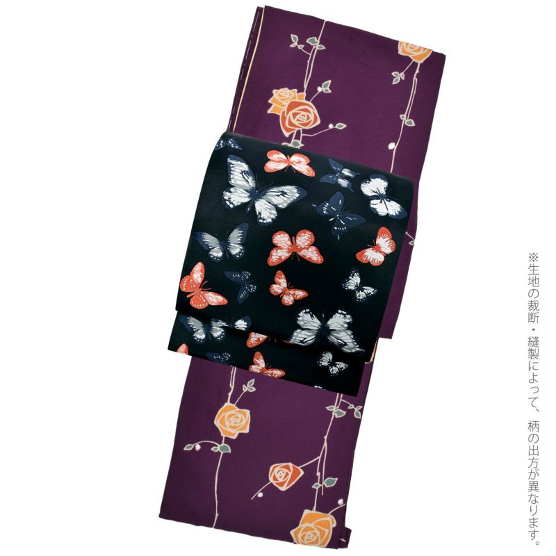 洗える着物 セット「袷着物：ばら 紫色＋京袋帯：黒 郡蝶」KIMONOMACHI