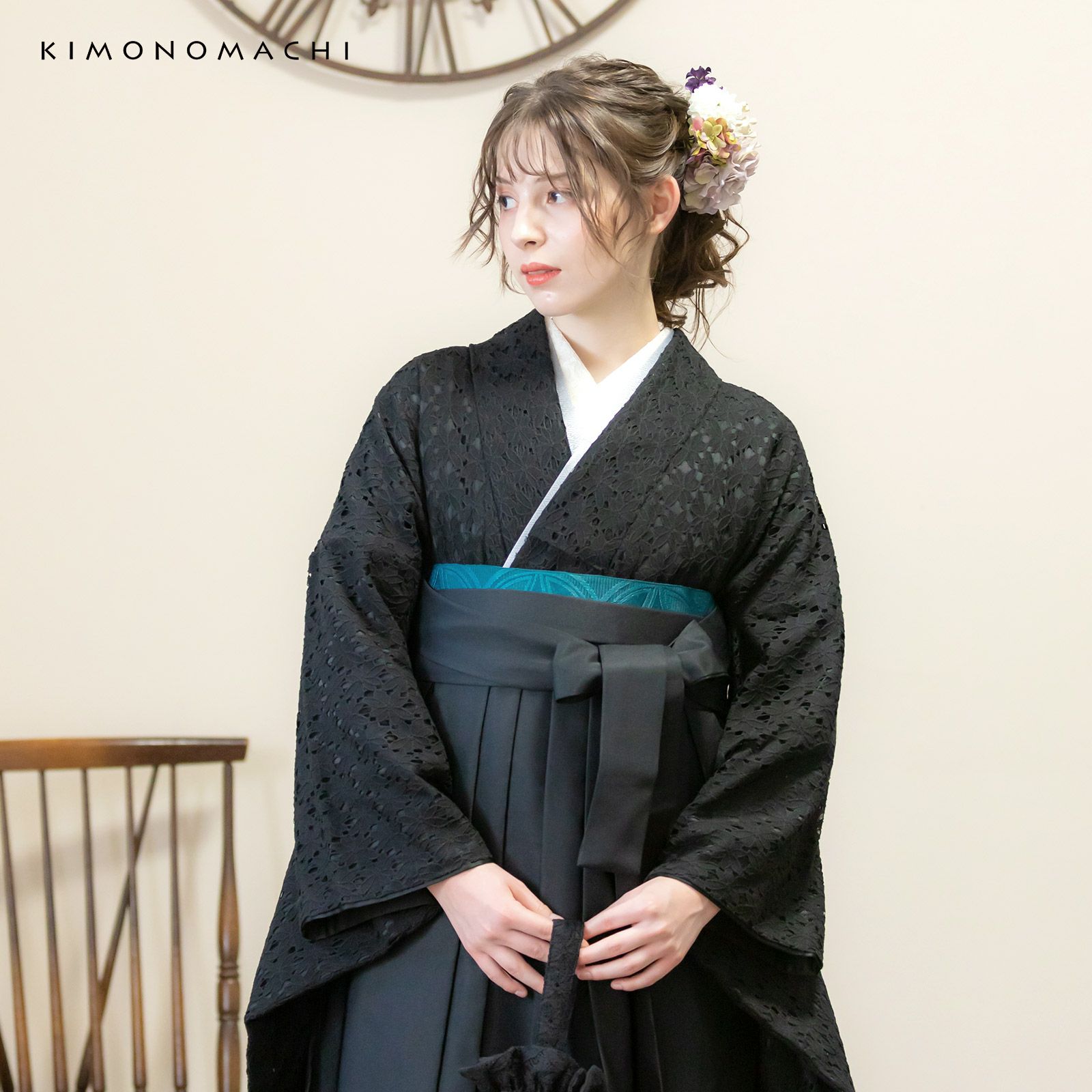レース二尺袖と袴 4点セット 「二尺袖：ブラック×ブラック＋袴：黒 椿 