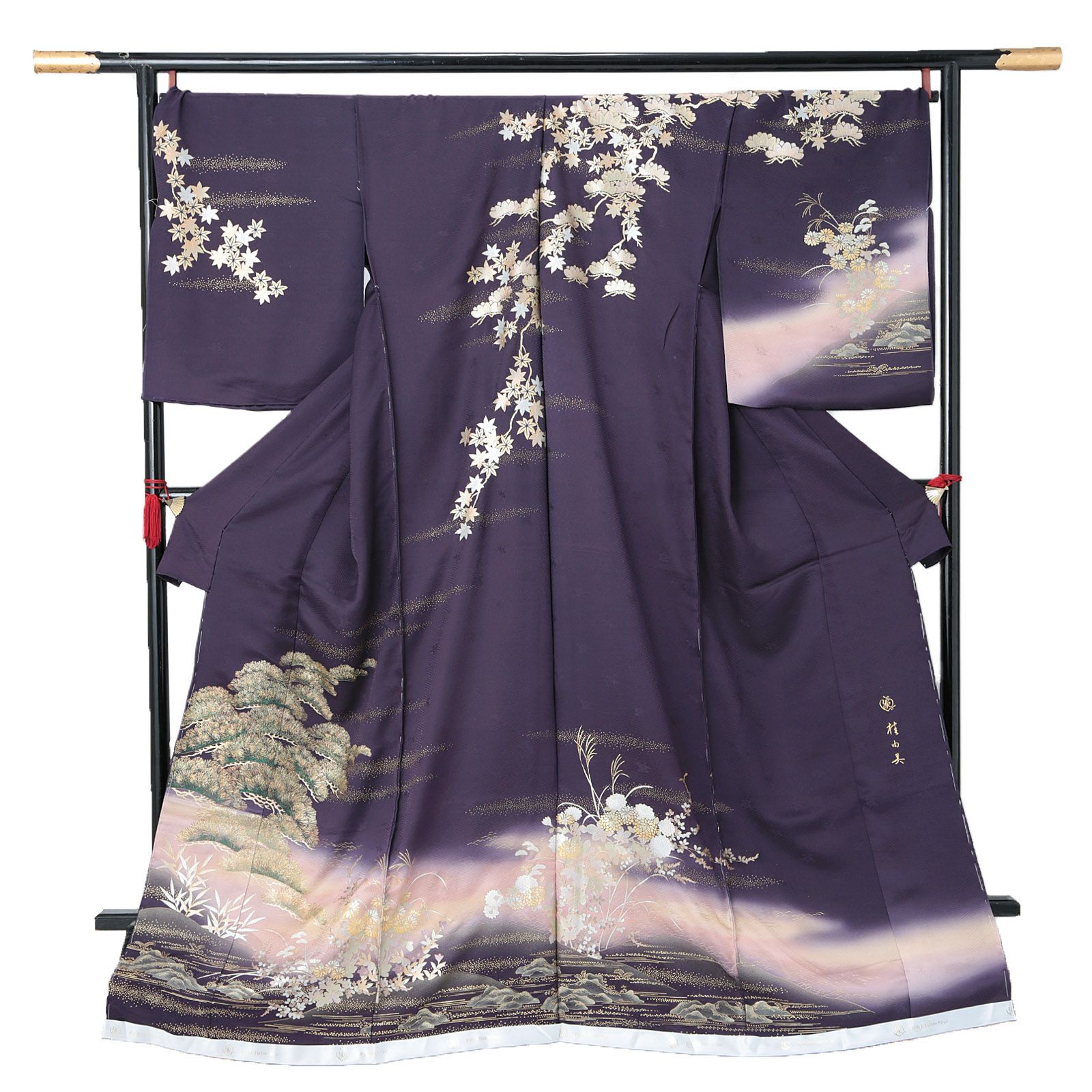 未仕立て 訪問着 単品 桂由美 「深紫色　松、菊に水辺文」 正絹 着物 仮絵羽 ブランド訪問着 七五三 入学式 卒業式 卒園式 結婚式 お宮参り 母 ママ