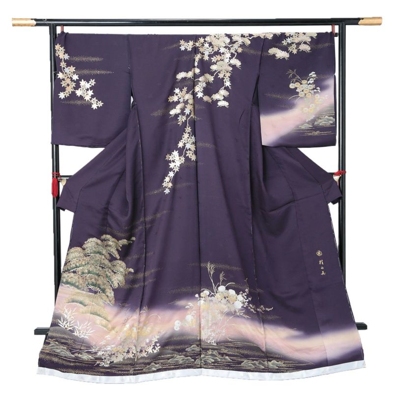 未仕立て 訪問着 単品 桂由美 「深紫色　松、菊に水辺文」 正絹 着物 仮絵羽 ブランド訪問着 七五三 入学式 卒業式 卒園式 結婚式 お宮参り 母 ママ