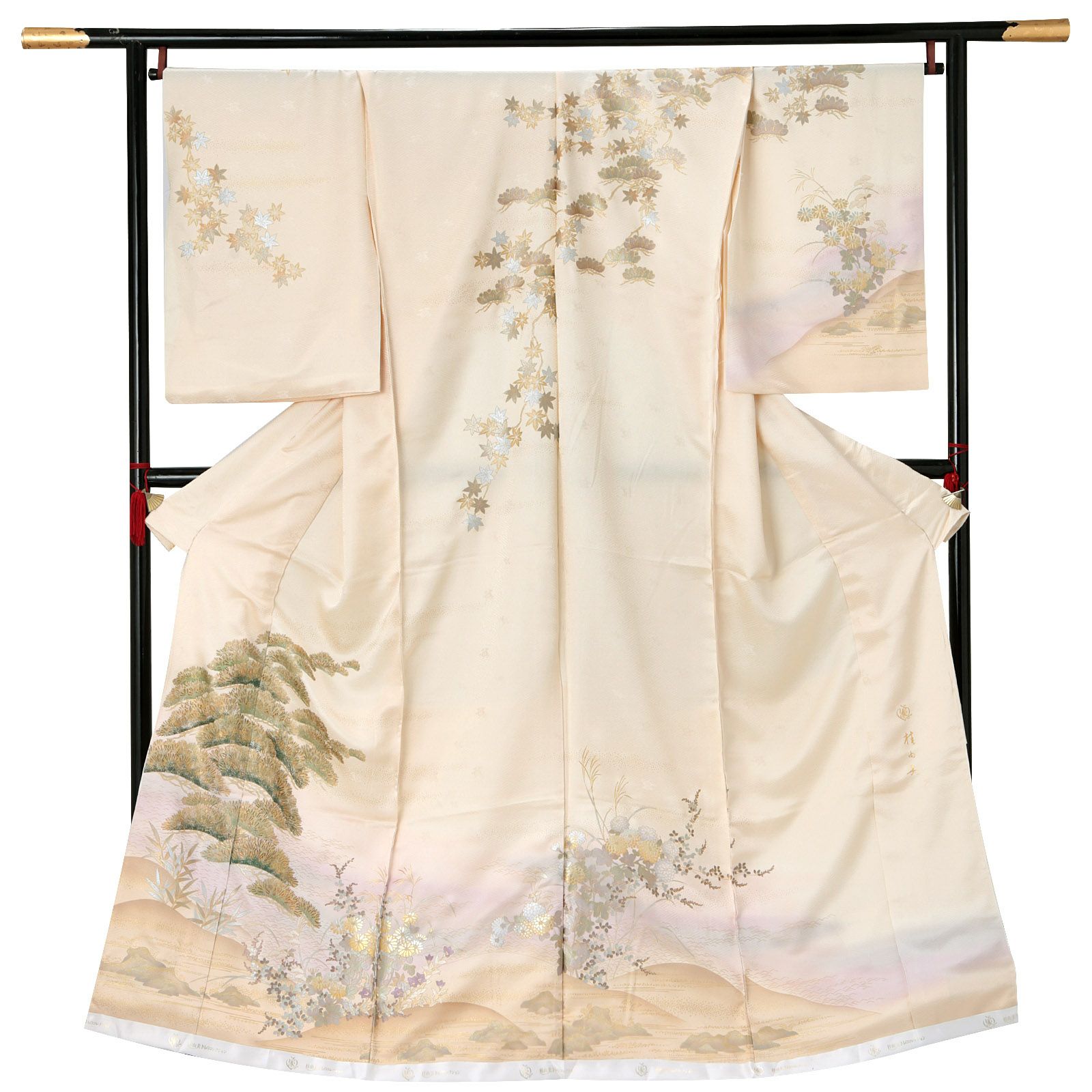 未仕立て 訪問着 単品 桂由美 「薄卵色　松、菊に水辺文」 正絹 着物 仮絵羽 ブランド訪問着 七五三 入学式 卒業式 卒園式 結婚式 お宮参り 母 ママ