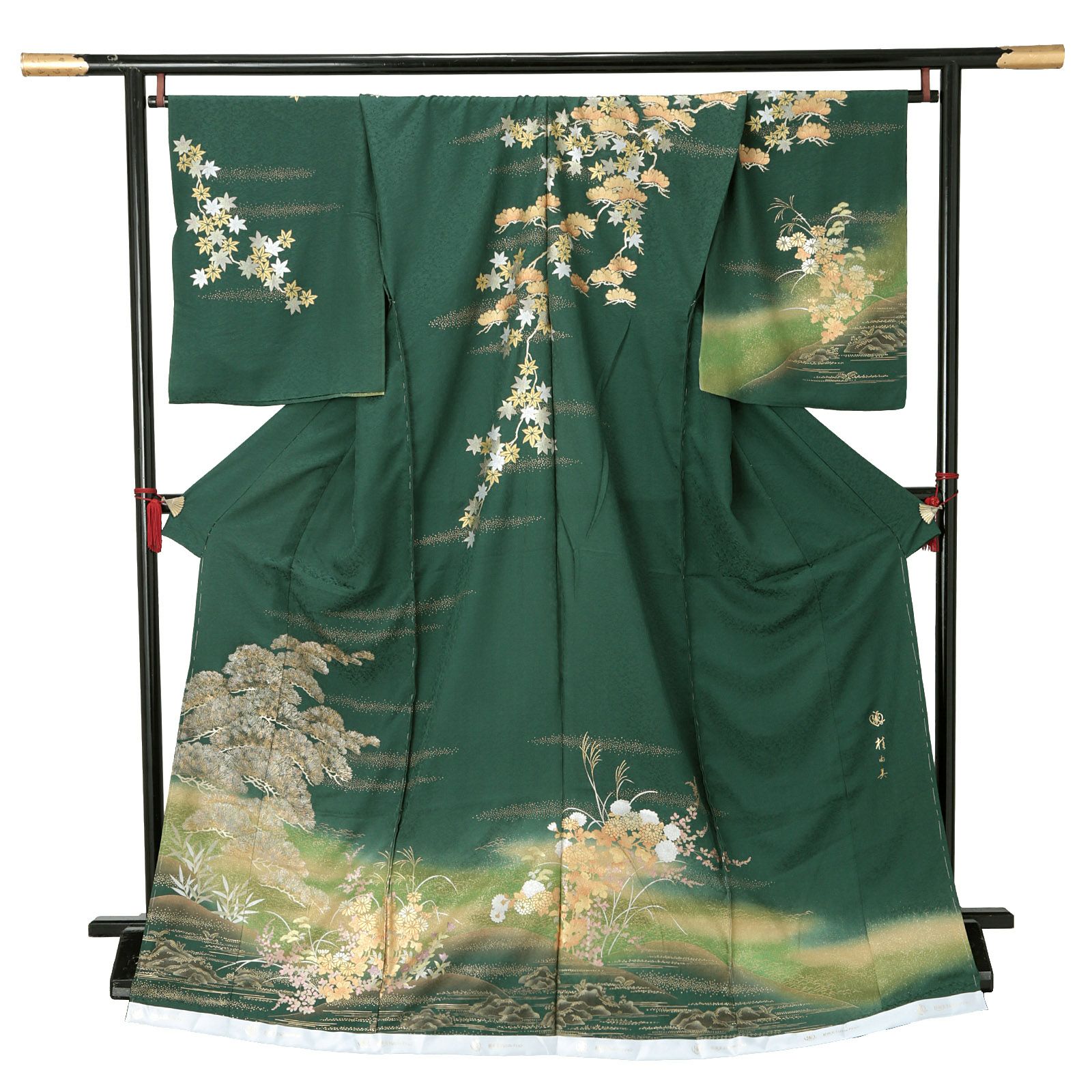未仕立て 訪問着 単品 桂由美 「深緑色　松、菊に水辺文」 正絹 着物 仮絵羽 ブランド訪問着 七五三 入学式 卒業式 卒園式 結婚式 お宮参り 母 ママ