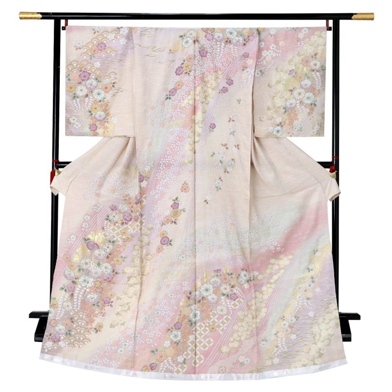未仕立て 訪問着 単品 桂由美 「桜鼠色　辻が花風、桜、葵に七宝」 正絹 着物 仮絵羽 ブランド訪問着 七五三 入学式 卒業式 卒園式 結婚式 お宮参り 母 ママ