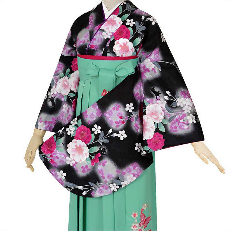 【中古品】二尺袖 単品「黒　夜桜ネコ」貸衣装処分 レンタル処分品 卒業式