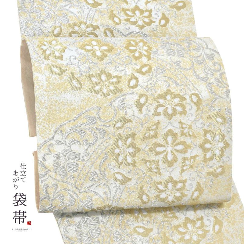 礼装向け 袋帯 単品 お仕立て上がり「白銀　雪輪に鏡、華紋」フォーマル 全通柄 ポリエステル帯 日本製 訪問着 留袖