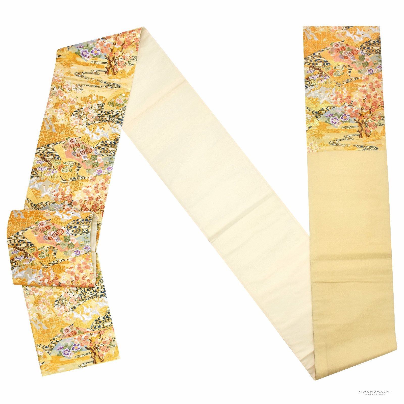 西陣織 袋帯 長尺 単品 お仕立て上がり「観世水、扇に吉祥模様 織彩  