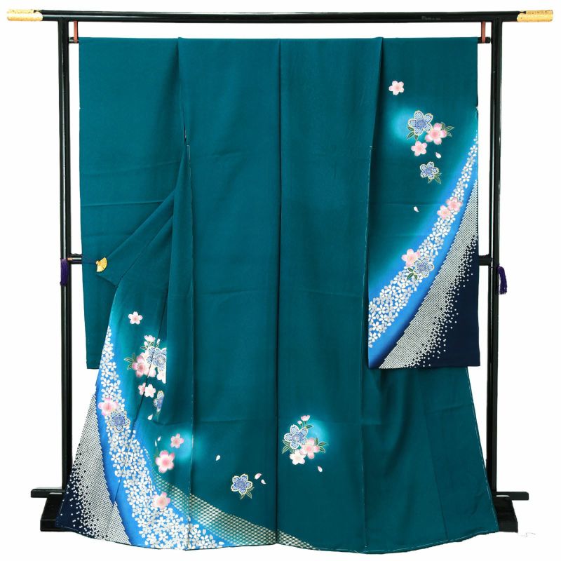 未仕立て 振袖 単品「青緑色　桜」日本製 仮絵羽 振り袖 正絹 着物 レディース 成人式 結婚式 結納 パーティー 晴れ着