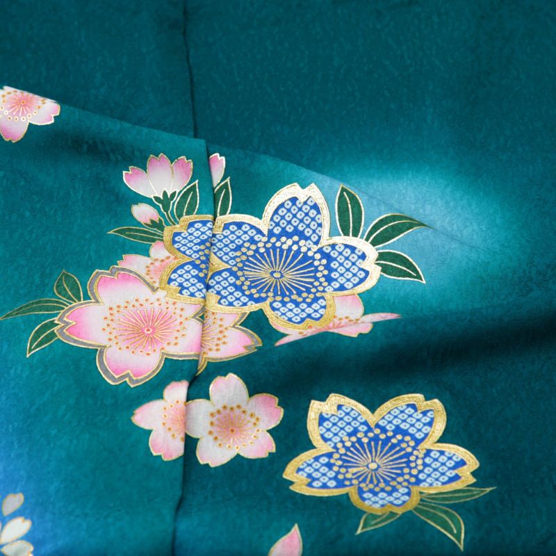 未仕立て 振袖 単品「青緑色 桜」日本製 仮絵羽 振り袖 正絹 着物 