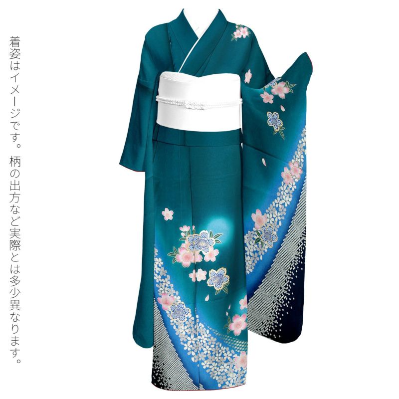 未仕立て 振袖 単品「青緑色 桜」日本製 仮絵羽 振り袖 正絹 着物