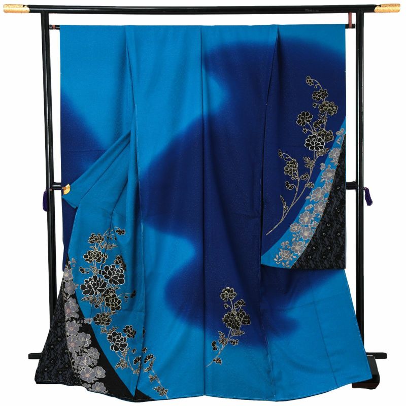 未仕立て 振袖 単品「ブルー　黒牡丹、レース切り嵌め」日本製 仮絵羽 振り袖 正絹 着物 レディース 成人式 結婚式 結納 パーティー 晴れ着